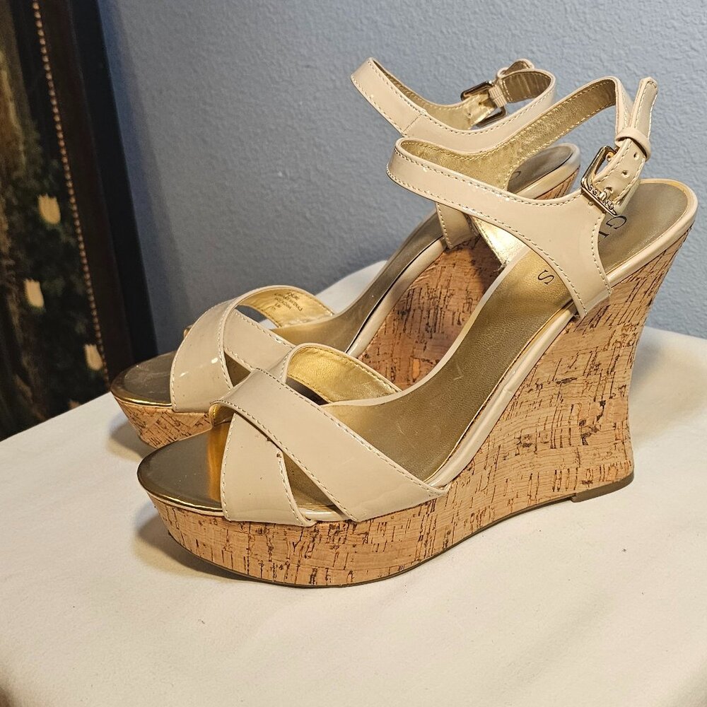 GUESS Tan Patent Leather Platform Cork Sandals